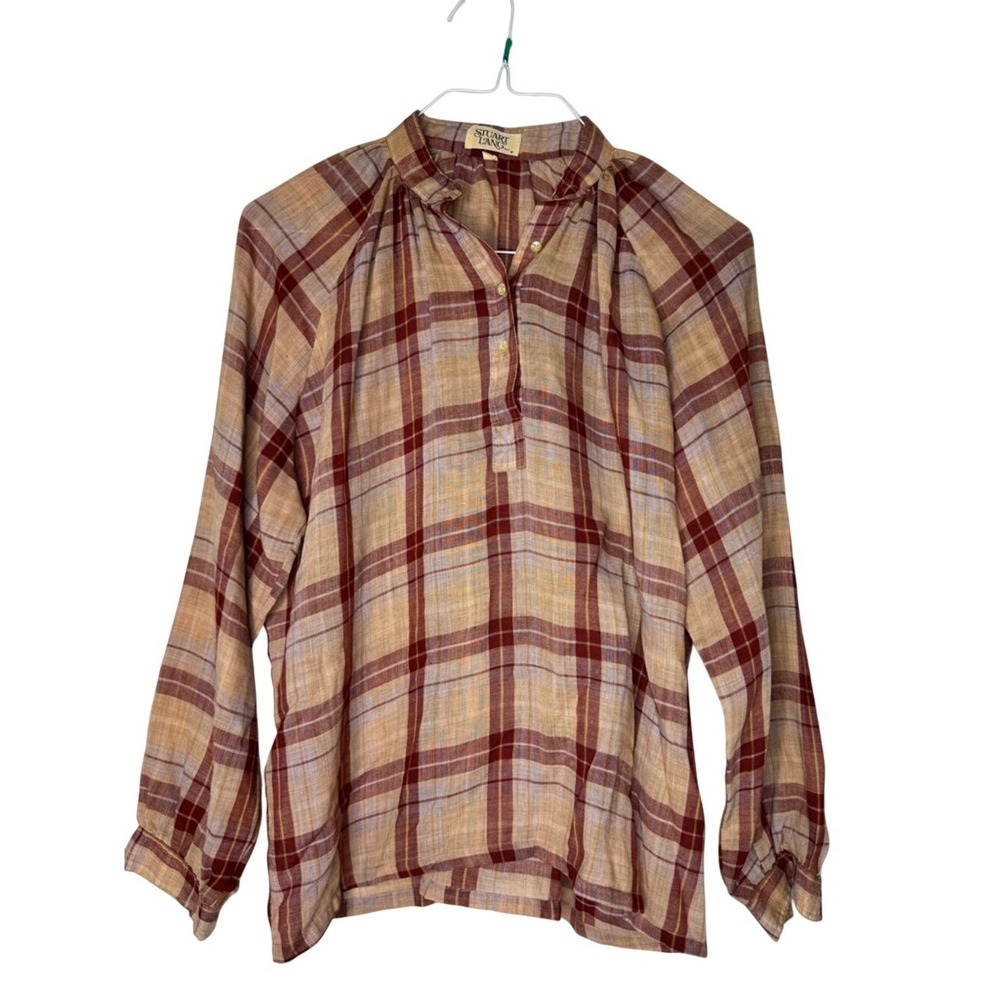 Vintage Stuart Lang‎ Women Plaid Popover Top 12 Long Sleeve Cottagecore Prairie